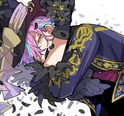Rule 34 | 1boy, black flower, black gloves, black hat, blue hair, bow, coat, feather-trimmed sleeves, flower, gloves, hair bow, hat, highres, hoshi-toge, kamishiro rui, lily (flower), looking at viewer, male focus, multicolored hair, petals, project sekai, purple coat, purple hair, simple background, solo, streaked hair, top hat, white background, white bow, yellow eyes