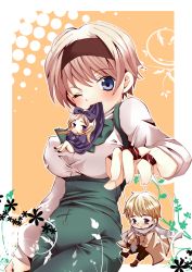 Rule 34 | 1boy, 2girls, angry, axis powers hetalia, belarus (hetalia), blonde hair, blue eyes, blush, bow, breasts, chibi, clothes lift, coat, dress, dress lift, frown, hair bow, hairband, hanging, highres, large breasts, long hair, mike (mikenekotei), mini person, miniboy, minigirl, mouth hold, multiple girls, one eye closed, overalls, puppet, puppet strings, purple eyes, russia (hetalia), scarf, short hair, siblings, sweat, ukraine (hetalia), wink