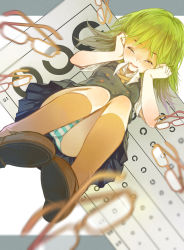 Rule 34 | 1girl, bad id, bad pixiv id, blurry, crying, depth of field, eye chart, glasses, green hair, gumi, hands on own face, koyuiko, landolt c, open mouth, panties, pantyshot, pleated skirt, school uniform, shiryoku kensa (vocaloid), skirt, solo, striped clothes, striped panties, underwear, upskirt, vision test, vocaloid