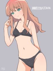 Rule 34 | 1girl, arm behind back, artist name, black bra, black panties, bra, breasts, brown hair, closed mouth, commentary request, copyright name, cowboy shot, frown, green eyes, grey background, gridman universe, half-closed eyes, hand in own hair, hibun tsukasa, long hair, looking at viewer, minami yume, navel, panties, signature, simple background, small breasts, solo, ssss.dynazenon, standing, underwear, underwear only