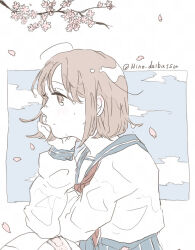 Rule 34 | 1girl, ahoge, bandaid, blue sailor collar, blue skirt, blue sky, blush, branch, brown eyes, brown hair, cherry blossoms, closed mouth, cloud, colored skin, expressionless, falling petals, flower, from side, hand on own cheek, hand on own face, hand up, head rest, long sleeves, nagata (hino daibutsu), neckerchief, original, pale color, petals, pink flower, pleated skirt, profile, red neckerchief, sailor collar, school uniform, serafuku, shirt, short hair, skirt, sky, solo, spring (season), tareme, twitter username, upper body, white background, white shirt, white skin