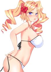 Rule 34 | 1girl, :o, absurdres, bikini, blonde hair, blue eyes, blush, breasts, drill hair, flower, hair flower, hair ornament, highres, honolulu (kancolle), kantai collection, large breasts, long hair, looking at viewer, nitamako (sakamalh), official alternate costume, open mouth, red flower, side-tie bikini bottom, simple background, solo, swimsuit, twin drills, twintails, untied bikini, white background, white bikini