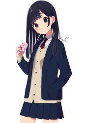 Rule 34 | 1girl, black eyes, black hair, blazer, cardigan, collared shirt, cowboy shot, drink, drinking straw, drinking straw in mouth, earrings, hand in pocket, highres, holding, holding drink, jacket, jewelry, juice box, long hair, looking at viewer, mamyouda, nail polish, necktie, original, pleated skirt, school uniform, shirt, simple background, skirt, solo, standing, uniform, white background, white shirt