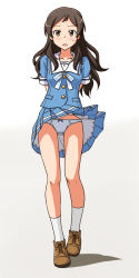 Rule 34 | 1girl, arms behind back, blouse, blue panties, blue shirt, blush, bow, bow panties, brown eyes, brown footwear, brown hair, clothes lift, collared shirt, commentary request, commission, cross-laced footwear, crotch seam, frown, gluteal fold, idolmaster, idolmaster million live!, idolmaster million live! theater days, kitazawa shiho, lielos, long hair, looking at viewer, miniskirt, neck ribbon, neckerchief, open mouth, panties, partial commentary, pixiv commission, pleated skirt, ribbon, shadow, shirt, shoes, short sleeves, single horizontal stripe, skirt, skirt lift, socks, solo, standing, summer uniform series (idolmaster), sweatdrop, underwear, white neckerchief, white socks, wind, wind lift