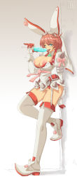 Rule 34 | 1girl, adapted costume, against wall, animal ears, blue eyes, boots, breasts, rabbit ears, cleavage, clover, dress, earrings, elphelt valentine, female focus, female pubic hair, food, four-leaf clover, full body, garter straps, gloves, guilty gear, guilty gear xrd, habit, hairband, highres, hmage, hoop earrings, ice cream, jewelry, knee up, large breasts, long sleeves, looking at viewer, naughty face, nipple slip, nipples, no panties, phallic symbol, pink hair, popsicle, pubic hair, puffy long sleeves, puffy sleeves, pussy, sexually suggestive, short dress, short hair, narrow waist, solo, spikes, thigh boots, thighhighs, tongue, tongue out, uncensored