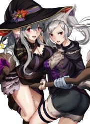 Rule 34 | 2girls, alternate costume, ass, breasts, broom, broom riding, cleavage, corrin (female) (fire emblem), corrin (fire emblem), fire emblem, fire emblem awakening, fire emblem fates, fire emblem heroes, gloves, grey hair, grima (fire emblem), halloween, halloween costume, hat, highres, ippers, large breasts, long hair, looking at viewer, medium breasts, medium hair, multiple girls, nintendo, official alternate costume, open mouth, red eyes, robin (female) (fire emblem), robin (fire emblem), shorts, smile, twintails, white background, witch, witch hat, wolf girl