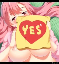 Rule 34 | 1girl, artist name, blush, breasts, covering face, gaston18, highres, holding, large breasts, letterboxed, long hair, lying, nipples, on back, open clothes, pillow, pink eyes, pink hair, solo, yes, yes-no pillow