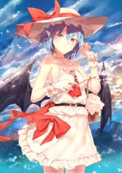 Rule 34 | 1girl, adapted costume, bare arms, bare shoulders, basket, bat wings, belt, blue hair, blue sky, bow, cloud, cloudy sky, day, flower, hand up, hat, hat bow, highres, holding, horizon, jewelry, looking at viewer, necklace, ocean, outdoors, pink hat, pointy ears, red bow, red eyes, red neckwear, remilia scarlet, sakusyo, skirt, skirt set, sky, smile, solo, standing, sun, touhou, twig, water, wings, wrist cuffs