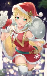 Rule 34 | 1girl, alternate costume, bare shoulders, belt, blonde hair, blue hair, blush, cape, christmas, commentary, dress, earrings, fire emblem, fire emblem heroes, fjorm (fire emblem), fur-trimmed cape, fur-trimmed dress, fur-trimmed headwear, fur trim, gloves, gradient hair, green belt, green eyes, haru (nakajou-28), hat, highres, holding, holding sack, jewelry, looking at viewer, moon, multicolored hair, night, night sky, nintendo, open mouth, red cape, red dress, red gloves, red hat, sack, santa costume, santa hat, short hair, sky, sleeveless, sleeveless dress, smile, snowflake print, snowflakes, solo, swept bangs, symbol-only commentary, teeth, thighhighs, thighs, two-tone hair, upper teeth only, white thighhighs