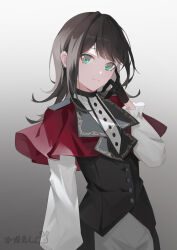 Rule 34 | 1girl, bang dream!, bang dream! it&#039;s mygo!!!!!, black gloves, black hair, black vest, capelet, chinese commentary, closed mouth, commentary request, gloves, gradient background, green eyes, long hair, long sleeves, medium hair, red capelet, shirt, sidelocks, solo, vest, white shirt, yahata umiri, yinranluo