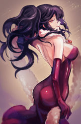 Rule 34 | 1girl, ass, ass focus, back, bare shoulders, breasts, dress, elbow gloves, female focus, from behind, gloves, jewelry, kuroi nyan, large breasts, long dress, long hair, looking back, michele malebranche, necklace, ponytail, purple hair, red dress, red eyes, sideboob, smile, solo, sound horizon