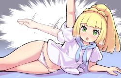 Rule 34 | 1girl, :o, afterimage, arm support, blonde hair, blunt bangs, blush, braid, commentary request, creatures (company), eyelashes, game freak, green eyes, highres, kutabireta neko, lillie (pokemon), long hair, looking at viewer, motion lines, nintendo, no pants, panties, pokemon, pokemon sm, ponytail, shirt, short sleeves, solo, sweat, underwear, white panties, white shirt