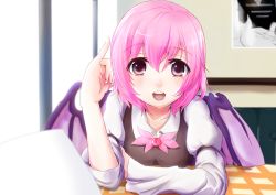 Rule 34 | 1girl, arm rest, bird wings, bow, breasts, artistic error, female focus, juliet sleeves, kotarou (yukina1721), long sleeves, looking at viewer, mystia lorelei, no headwear, no headwear, open mouth, photo (object), pink eyes, pink hair, pinky out, puffy sleeves, short hair, solo, tablecloth, touhou, wings