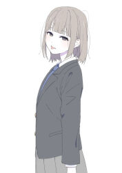 Rule 34 | 1girl, ahoge, black eyes, black jacket, blazer, blue necktie, blunt bangs, bob cut, buttons, collared shirt, colored skin, cowboy shot, grey skirt, highres, jacket, light brown hair, looking at viewer, natuich, necktie, no pupils, original, pleated skirt, school uniform, shirt, sidelocks, simple background, skirt, solo, standing, tongue, tongue out, white background, white skin