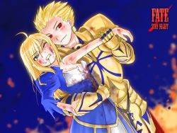 Rule 34 | 00s, 1boy, 1girl, armor, artoria pendragon (fate), blonde hair, blood, blood on face, blush, clenched teeth, copyright name, fate/stay night, fate (series), fire, gilgamesh (fate), gold armor, grabbing, green eyes, mozu (peth), red eyes, saber (fate), smirk, teeth, torn clothes