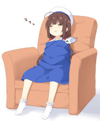 Rule 34 | 10s, 1girl, :o, ahoge, armchair, beret, blanket, blush, bobby socks, chair, closed eyes, disembodied hand, facing viewer, hat, hatsunatsu, hinatsuru ai, long hair, low twintails, no shoes, parted lips, ryuuou no oshigoto!, sitting, sleeping, socks, solo, twintails, very long hair, white background, white hat, white socks, zzz