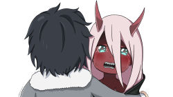 Rule 34 | 10s, 1boy, 1girl, black cloak, black hair, blush, cloak, coat, colored sclera, colored skin, commentary request, couple, crying, crying with eyes open, darling in the franxx, fur trim, green eyes, grey coat, hetero, highres, hiro (darling in the franxx), hood, hooded cloak, horns, hug, long hair, looking at viewer, oni horns, open mouth, parka, pink hair, red horns, red pupils, red sclera, red skin, sharp teeth, short hair, signature, spoilers, tears, teeth, winter clothes, winter coat, xiaoying yuan, aged down, zero two (darling in the franxx)