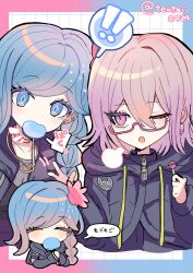 Rule 34 | !, !!, 1girl, 1other, puff of air, black coat, blue eyes, blue hair, braid, candy, coat, commentary request, eating, flower, food, fubuki clockford, glasses, grey hair, hair between eyes, hair flower, hair ornament, halara nightmare, highres, holding, holding candy, holding food, holding lollipop, hood, hood down, hooded coat, jewelry, lollipop, long hair, long sleeves, looking at another, master detective archives: rain code, mouth hold, multiple views, necklace, one eye closed, open mouth, pink-framed eyewear, pink eyes, pink flower, semi-rimless eyewear, shirocha tei, short hair, single braid, speech bubble, symbol in eye, upper body
