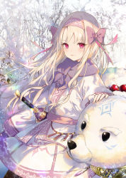 Rule 34 | 1girl, ainu clothes, animal, bear, black pantyhose, blonde hair, bow, closed mouth, commentary request, fate/grand order, fate (series), fingernails, hair bow, hair tubes, hairband, illyasviel von einzbern, kinokohime, long hair, long sleeves, pantyhose, pink hairband, purple bow, red eyes, shirou (bear) (fate), sidelocks, sitonai (fate), smile, snow, sword, tree, very long hair, weapon, wide sleeves