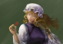 Rule 34 | 1girl, absurdres, autumn leaves, blonde hair, dress, folding fan, green background, hand fan, hat, highres, holding, holding leaf, koshi (koshi vortex), leaf, light smile, long hair, looking at viewer, maple leaf, simple background, solo, tabard, touhou, upper body, white dress, wide sleeves, yakumo yukari, yellow eyes