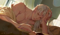 Rule 34 | 1boy, 1girl, artist name, bedroom, closed mouth, commentary request, curtains, dated, dutch angle, facial mark, forehead, indoors, inuyasha, long hair, male focus, mmmilk, morning, off shoulder, orange eyes, rin (inuyasha), sesshoumaru, solo focus, sparkle, waking up, whisker markings, white hair