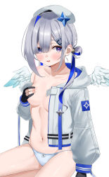 Rule 34 | 1girl, absurdres, amane kanata, amane kanata (work), angel wings, bad id, bad twitter id, beret, blue hair, collarbone, colored inner hair, convenient censoring, gloves, grey hair, hair ornament, hair rings, hairclip, hand on own chest, hat, heart, heart-shaped pupils, highres, hololive, hood, hoodie, jacket, jacket partially removed, karikari ume, long hair, midriff, multicolored hair, navel, no bra, no shirt, open mouth, panties, partially fingerless gloves, purple hair, simple background, smile, solo, symbol-shaped pupils, twintails, underwear, virtual youtuber, white background, wings