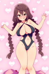 Rule 34 | 1girl, black hair, black one-piece swimsuit, blush, braid, breasts, brown eyes, closed mouth, collarbone, eyebrows, female focus, glasses, groin, heart, heart background, large breasts, looking at viewer, navel, one-piece swimsuit, pastel memories, pink background, sakaki ayaka, shiny skin, simple background, smile, solo, stroma, swimsuit, tongue, tongue out, twin braids, twintails, undressing