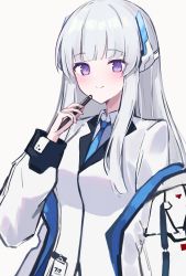 Rule 34 | 1girl, absurdres, blue archive, blue necktie, breasts, collared shirt, formal, grey hair, hair between eyes, headphones, highres, id card, jacket, kokao358, large breasts, long hair, looking at viewer, necktie, noa (blue archive), open clothes, open jacket, pencil, purple eyes, shirt, simple background, skirt, smile, solo, suit, uniform, white background, white jacket, white shirt, white skirt, white suit