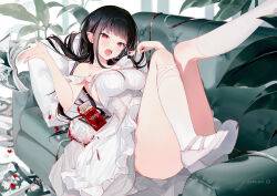 Rule 34 | 1girl, black hair, couch, dress, fangs, food, gomzi, gomzi vampire, kneehighs, lying, on back, open mouth, original, pill, pillow, pocky, pointy ears, red eyes, socks, solo, thighs, vampire, watermark, white dress