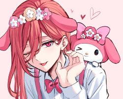Rule 34 | 1boy, :p, animal ears, blue lock, chigiri hyoma, collared shirt, fake animal ears, hand up, highres, long hair, long sleeves, looking at viewer, my melody, one eye closed, onegai my melody, pink background, pink headwear, red eyes, red hair, sanrio, seyanaso, shirt, suspenders, tongue, tongue out, white shirt