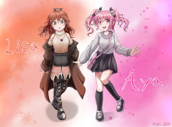 Rule 34 | 2girls, absurdres, bad id, bad pixiv id, bag, bang dream!, blouse, boots, brown eyes, brown hair, character name, full body, grey shirt, highres, imai lisa, maruyama aya, multiple girls, pink eyes, pink hair, pom pom (clothes), shirt, short hair, shoulder bag, sj0822, standing, thigh boots, thighhighs, turtleneck, twintails