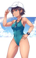 Rule 34 | 1girl, asics, baseball cap, black hair, blue sky, breasts, cloud, collarbone, commentary request, competition swimsuit, covered navel, day, green eyes, green one-piece swimsuit, hand on own hip, hat, highleg, highleg swimsuit, logo, medium breasts, mendou saya, one-piece swimsuit, original, short hair, sky, solo, swimsuit, watch, whistle, whistle around neck, white hat, wristwatch