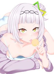 Rule 34 | akaki tsubasa, bare shoulders, blunt bangs, breasts, camisole, candy, downblouse, eyelashes, food, hair bun, hair ornament, highres, holding, holding candy, holding food, holding lollipop, hololive, licking, light blush, lollipop, long sleeves, lying, murasaki shion, no bra, off shoulder, on stomach, panties, purple sweater, short eyebrows, simple background, small breasts, strap slip, sweater, tongue, tongue out, underwear, virtual youtuber, white background, white camisole, white hair, yellow eyes