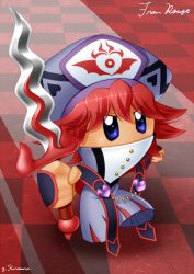 Rule 34 | 1girl, angry, artist name, blue eyes, buttons, chain, character name, checkered floor, clenched hands, dark-skinned female, dark skin, disembodied hand, dress, facial mark, female focus, flamberge (kirby), floor, gauntlets, hat, heart-shaped ornament, highres, holding, holding sword, holding weapon, kirby: star allies, kirby (series), kuromura gin, light, light beam, looking at viewer, mask, messy hair, mouth mask, nintendo, no humans, no legs, pleated dress, purple dress, red floor, red hair, short hair, solo, sword, uniform, weapon, wrist guards