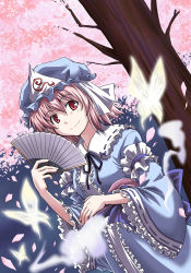 Rule 34 | 1girl, bug, butterfly, cherry blossoms, dutch angle, hand fan, female focus, folding fan, ghost, hat, hitodama, bug, japanese clothes, looking at viewer, pink hair, red eyes, rimibure, saigyouji yuyuko, smile, solo, touhou, tree, triangular headpiece, upper body