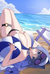 1girl absurdres ball beach beachball bikini blue_eyes blue_hair breasts eyewear_on_head grin hairband highres hololive hololive_english large_breasts lying ocean ouro_kronii outdoors smile solo sunglasses swimsuit thigh_strap udonpan virtual_youtuber