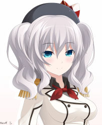 Rule 34 | 10s, 1girl, artist name, bad id, bad pixiv id, beret, black shirt, blue eyes, blush, bow, buttons, collared shirt, epaulettes, hair between eyes, hat, hat bow, kantai collection, kashima (kancolle), keenh, looking at viewer, military, military uniform, red ribbon, ribbon, shirt, short hair, silver hair, simple background, smile, solo, two side up, uniform, upper body, white background
