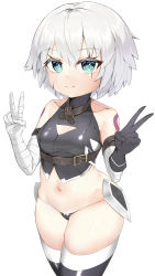 Rule 34 | 1girl, absurdres, arm belt, bandaged arm, bandages, black panties, black thighhighs, cleavage cutout, clothing cutout, double v, facial scar, fate/apocrypha, fate/grand order, fate (series), green eyes, highres, jack the ripper (fate/apocrypha), light smile, panties, scar, scar on cheek, scar on face, shoulder tattoo, simple background, solo, tattoo, thighhighs, underwear, v, white background, white hair