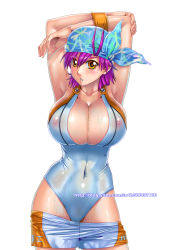 Rule 34 | 1girl, armpits, arms behind head, bandana, blush, breasts, cleavage, clothes pull, collarbone, covered navel, ge xi, highres, huge breasts, nipples, one-piece swimsuit, original, purple hair, see-through, short hair, shorts, shorts pull, simple background, solo, swimsuit, watermark, web address, wet, white one-piece swimsuit, wristband, yellow eyes