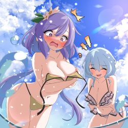 Rule 34 | +++, 2girls, absurdres, akame00, bare shoulders, bikini, blush, breasts, cleavage, commission, embarrassed, closed eyes, flower, frilled bikini, frills, from below, hair flower, hair ornament, highres, large breasts, laughing, long hair, low twintails, merlin prismriver, multiple girls, open mouth, partially submerged, purple eyes, purple hair, skeb commission, swimsuit, touhou, tsukumo benben, twintails, very long hair, white hair, yellow bikini