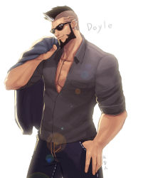 Rule 34 | 1boy, alternate costume, artist request, backlighting, bara, beard, black hair, casual, character name, collared shirt, cyphers, damian doyle (cyphers), dark-skinned male, dark skin, facial hair, feet out of frame, grey shirt, highres, holding, holding clothes, holding jacket, jacket, male focus, mature male, mohawk, muscular, muscular male, partially unbuttoned, pectoral cleavage, pectorals, shirt, short hair, smile, solo, standing, sunglasses, thumb in pocket, white background