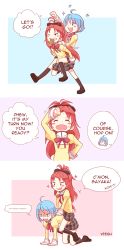 Rule 34 | ..., 10s, 2girls, 3koma, :d, ^ ^, all fours, arms up, carrying, clenched hand, closed eyes, comic, english text, fang, friedbun, full body, highres, long sleeves, mahou shoujo madoka magica, mahou shoujo madoka magica: hangyaku no monogatari, miki sayaka, multiple girls, open mouth, piggyback, plaid, plaid skirt, riding, running, sakura kyoko, school uniform, simple background, sitting, sitting on person, skirt, smile, sparkle, speech bubble, stitched, sweat, talking, third-party edit, tooth, upper body