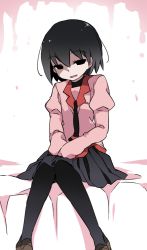 Rule 34 | 1girl, bed, bed sheet, black eyes, black hair, black pantyhose, black skirt, blazer, blouse, brown footwear, eyebrows, hammer (sunset beach), hands in opposite sleeves, jacket, juliet sleeves, knees together feet apart, loafers, long sleeves, monogatari (series), on bed, oshino ougi, own hands together, pantyhose, pink jacket, pink shirt, pleated skirt, puffy sleeves, shaded face, shirt, shoes, simple background, sitting, skirt, solo, v arms, white background