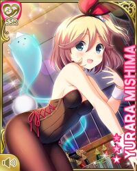 Rule 34 | 1girl, animal ears, bent over, black leotard, blonde hair, bow, breasts, brown leggings, card (medium), cleavage, collarbone, fake animal ears, fake tail, ghost, girlfriend (kari), grey eyes, indoors, leggings, leotard, looking at viewer, medium breasts, mishima yurara, official art, open mouth, playboy bunny, qp:flapper, rabbit ears, rabbit tail, red bow, short hair, side ponytail, smile, solo, sparkle, standing, tail