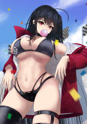 Rule 34 | 1girl, absurdres, azur lane, bikini, black bikini, black choker, black hair, blurry, blurry background, breasts, blowing bubbles, checkered flag, choker, crossed bangs, flag, highleg, highleg bikini, highres, jacket, large breasts, long hair, looking at viewer, multi-strapped bikini bottom, multiple straps, nw (5626), official alternate costume, open clothes, open jacket, race queen, red jacket, solo, standing, swimsuit, taihou (azur lane), taihou (enraptured companion) (azur lane), very long hair