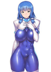 Rule 34 | 1girl, blue bodysuit, blue hair, blunt bangs, bodysuit, breasts, commentary request, contrapposto, covered navel, cowboy shot, elbow gloves, gloves, groin, hair tie, hand on own chest, hand up, impossible bodysuit, impossible clothes, large breasts, latex, long hair, looking at viewer, nagase haruhito, original, parted lips, shiny clothes, short sleeves, shrug (clothing), sidelocks, simple background, skin tight, solo, standing, thick thighs, thighhighs, thighs, white background, white gloves, white thighhighs, yellow eyes, zipper, zipper pull tab