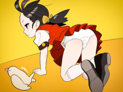 Rule 34 | 1girl, akai kuro, all fours, animal, ass, bird, black hair, bow, brown eyes, brown footwear, from behind, hair bow, highres, kaai yuki, kyoufuu all back (vocaloid), long hair, low twintails, panties, red skirt, red vest, school uniform, shirt, shoes, short sleeves, skirt, socks, twintails, underwear, vest, vocaloid, white panties, white shirt, white socks, wind, yellow background, yellow bow