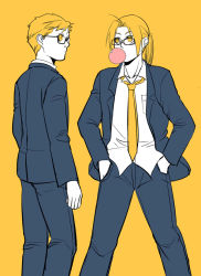 Rule 34 | 2boys, alphonse elric, alternate costume, bespectacled, blonde hair, brothers, blowing bubbles, chewing gum, edward elric, fullmetal alchemist, glasses, hands in pockets, jacket, multiple boys, necktie, pai (1111), ponytail, school uniform, siblings, yellow background, yellow eyes