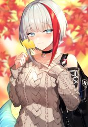 Rule 34 | 1girl, admiral graf spee (azur lane), admiral graf spee (daily peaceful life) (azur lane), admiral graf spee (peaceful daily life) (azur lane), aran sweater, autumn leaves, azur lane, bag, bare shoulders, black choker, blue eyes, blurry, blurry background, blush, brown sweater, cable knit, choker, closed mouth, clothing cutout, commentary request, depth of field, ginkgo leaf, hands up, holding, holding leaf, kinsenka momi, leaf, long sleeves, looking at viewer, maple leaf, multicolored hair, red hair, short hair, shoulder cutout, silver hair, sleeves past wrists, smile, solo, streaked hair, sweater