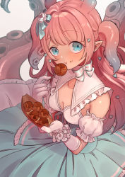 Rule 34 | 1girl, :t, absurdres, blue eyes, borrowed character, breasts, bun (jewd5385), chewing, circle skirt, cleavage, commission, detached collar, detached sleeves, eating, flower, food, frilled gloves, frills, gloves, hair flower, hair ornament, heart, heart hair ornament, highres, long hair, long skirt, looking at viewer, medium breasts, original, pink hair, pointy ears, puffy short sleeves, puffy sleeves, short sleeves, skeb commission, skirt, solo, takoyaki, tentacle hair, tentacles, two side up, white gloves